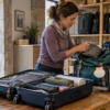 A pilgrim moves daily essentials from an open suitcase into a hiking backpack before leaving extra luggage in Porto.