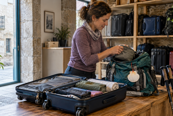 A pilgrim moves daily essentials from an open suitcase into a hiking backpack before leaving extra luggage in Porto.