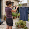 A pilgrim hanging washed hiking socks and clothes on a drying rack in a Portuguese Coastal Camino hostel courtyard.